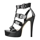 Only maker Frauen Sexy High-Heel Sandalen Pfennigabsatz Nieten Plateau Sandaletten Knöchelschnallen Riemchen Schwarz 45 EU