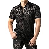 JOGAL Herren Hemd Transparent Kurzarm Freizeithemd Männer Spitzenhemd Sommer Lässig Lace Shirt Outfit Schwarz L